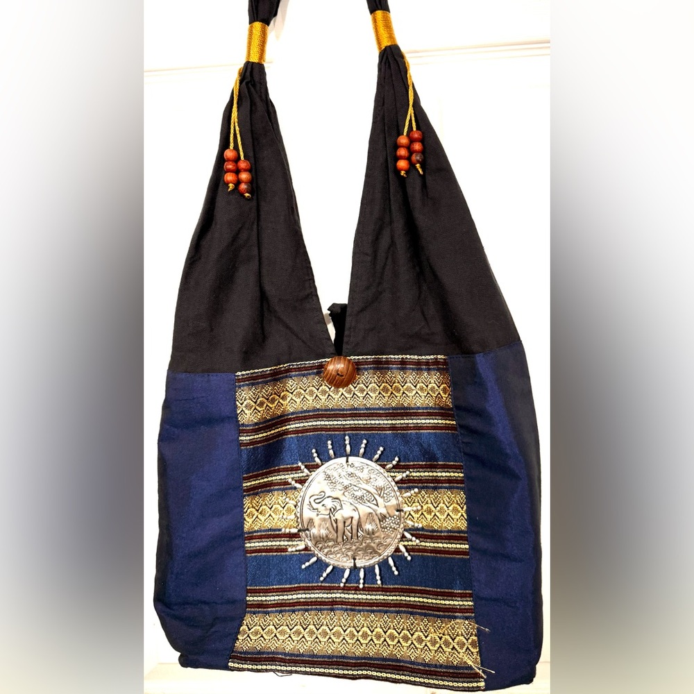 Sling Bag Made in Thailand With Tin Elephant & Coconut Shell Button Closure